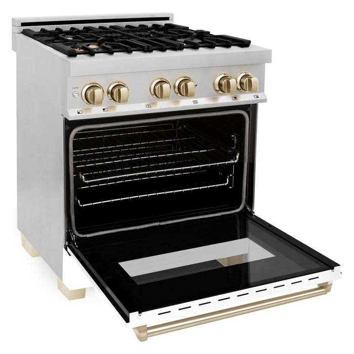 ZLINE Autograph Edition 30 in. Range with Gas Burner and Electric Oven In Stainless Steel with White Matte Door and Gold Accents RAZ-WM-30-G