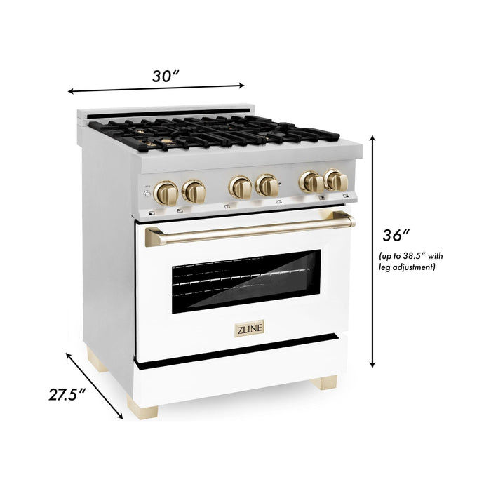 ZLINE Autograph Edition 30 in. Range with Gas Burner and Electric Oven In Stainless Steel with White Matte Door and Gold Accents RAZ-WM-30-G