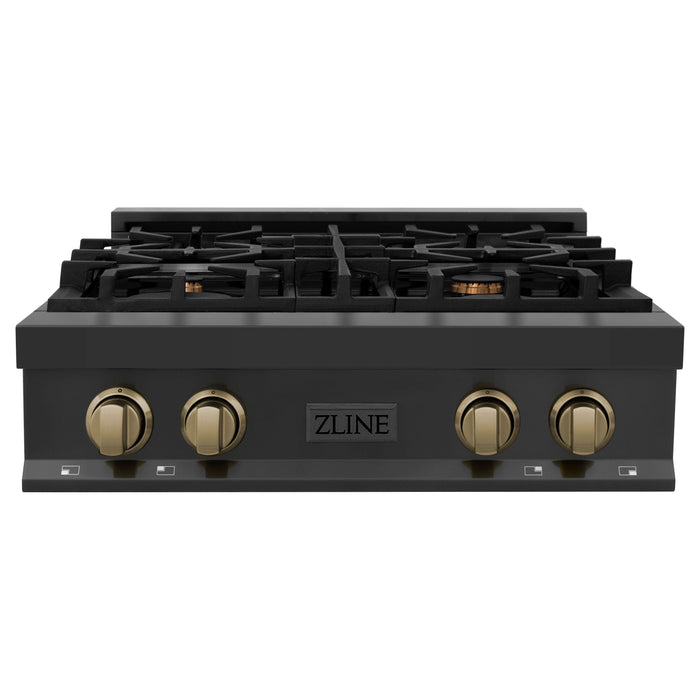 ZLINE Autograph Edition 30 In. Rangetop with 4 Gas Burners in Black Stainless Steel and Champagne Bronze Accents, RTBZ-30-CB