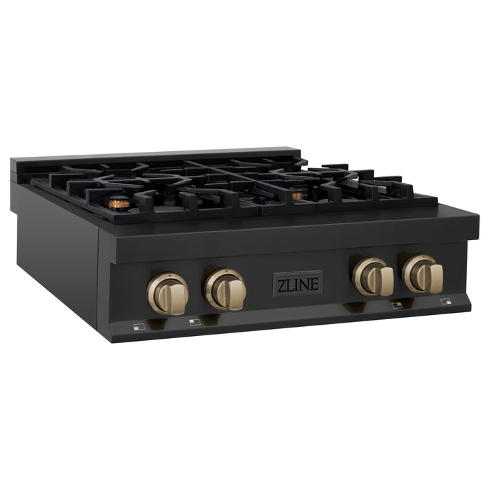 ZLINE Autograph Edition 30 In. Rangetop with 4 Gas Burners in Black Stainless Steel and Champagne Bronze Accents, RTBZ-30-CB