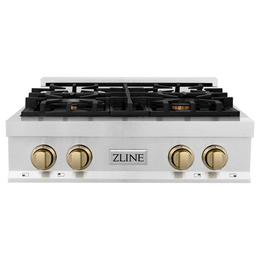 ZLINE Autograph Edition 30 In. Rangetop with 4 Gas Burners in DuraSnow®Stainless Steel and Champagne Bronze Accents, RTSZ-30-CB