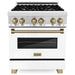 ZLINE Autograph Edition 30 Inch Dual Fuel Range with Gas Stove and Electric Oven In Stainless Steel with White Matte Door and Champagne Bronze Accents RAZ-WM-30-CB