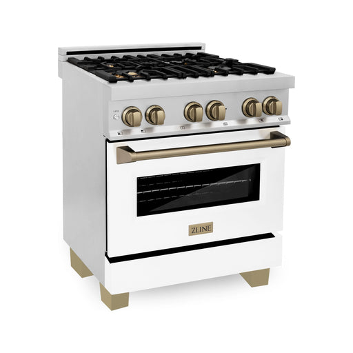 ZLINE Autograph Edition 30 Inch Dual Fuel Range with Gas Stove and Electric Oven In Stainless Steel with White Matte Door and Champagne Bronze Accents RAZ-WM-30-CB