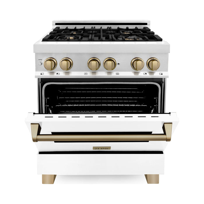 ZLINE Autograph Edition 30 Inch Dual Fuel Range with Gas Stove and Electric Oven In Stainless Steel with White Matte Door and Champagne Bronze Accents RAZ-WM-30-CB