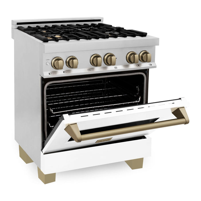 ZLINE Autograph Edition 30 Inch Dual Fuel Range with Gas Stove and Electric Oven In Stainless Steel with White Matte Door and Champagne Bronze Accents RAZ-WM-30-CB