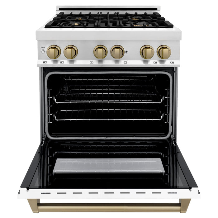 ZLINE Autograph Edition 30 Inch Dual Fuel Range with Gas Stove and Electric Oven In Stainless Steel with White Matte Door and Champagne Bronze Accents RAZ-WM-30-CB