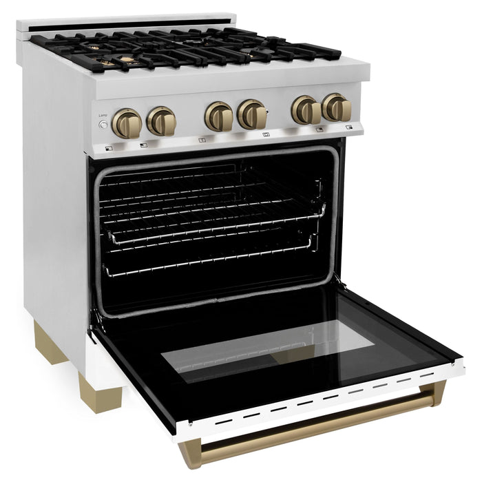 ZLINE Autograph Edition 30 Inch Dual Fuel Range with Gas Stove and Electric Oven In Stainless Steel with White Matte Door and Champagne Bronze Accents RAZ-WM-30-CB