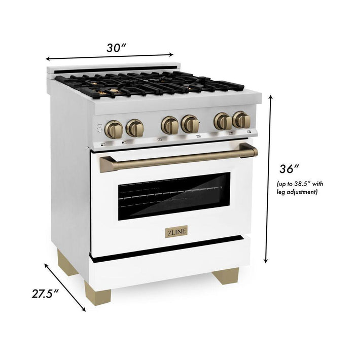 ZLINE Autograph Edition 30 Inch Dual Fuel Range with Gas Stove and Electric Oven In Stainless Steel with White Matte Door and Champagne Bronze Accents RAZ-WM-30-CB