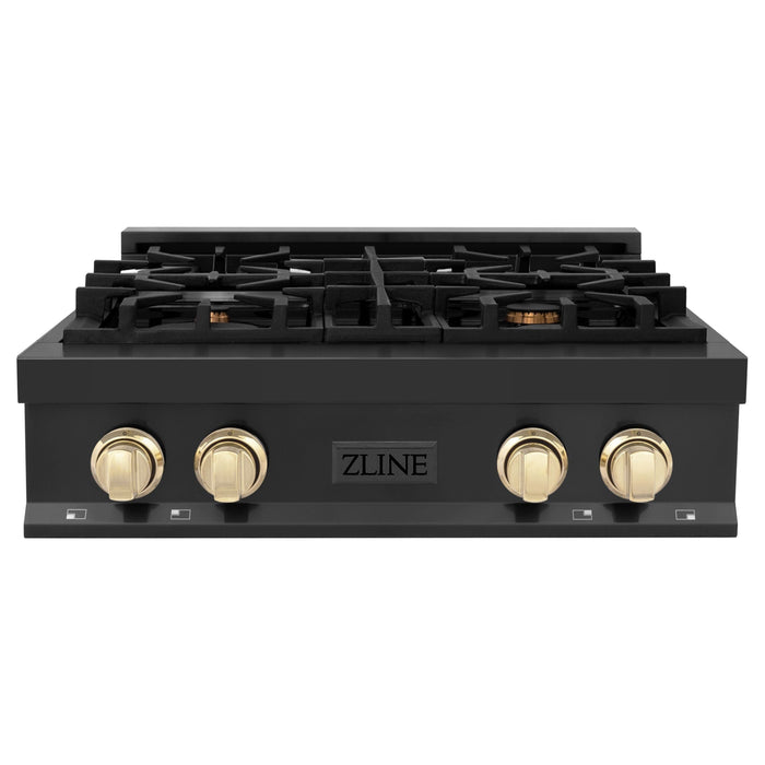 ZLINE Autograph Edition 30 Inch Porcelain Rangetop with 4 Gas Burners In Black Stainless Steel and Gold Accents RTBZ-30-G