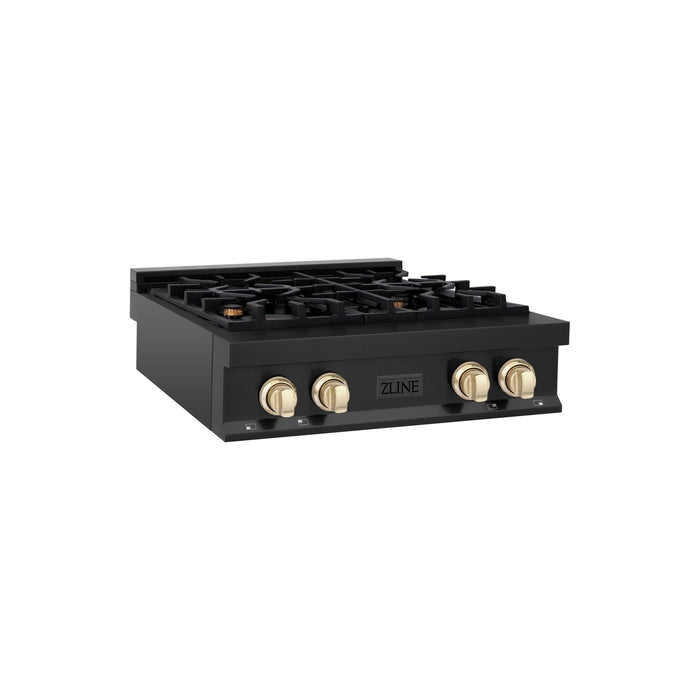 ZLINE Autograph Edition 30 Inch Porcelain Rangetop with 4 Gas Burners In Black Stainless Steel and Gold Accents RTBZ-30-G