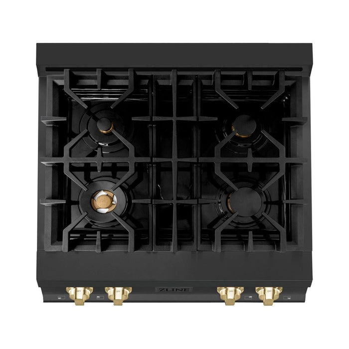 ZLINE Autograph Edition 30 Inch Porcelain Rangetop with 4 Gas Burners In Black Stainless Steel and Gold Accents RTBZ-30-G