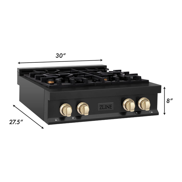 ZLINE Autograph Edition 30 Inch Porcelain Rangetop with 4 Gas Burners In Black Stainless Steel and Gold Accents RTBZ-30-G