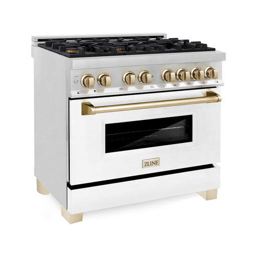 ZLINE Autograph Edition 36 in. 4.6 cu. ft. Dual Fuel Range with Gas Stove and Electric Oven with White Matte Door and Gold Accents RAZ-WM-36-G