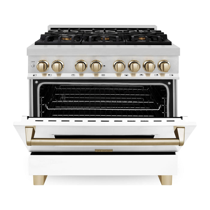 ZLINE Autograph Edition 36 in. 4.6 cu. ft. Dual Fuel Range with Gas Stove and Electric Oven with White Matte Door and Gold Accents RAZ-WM-36-G