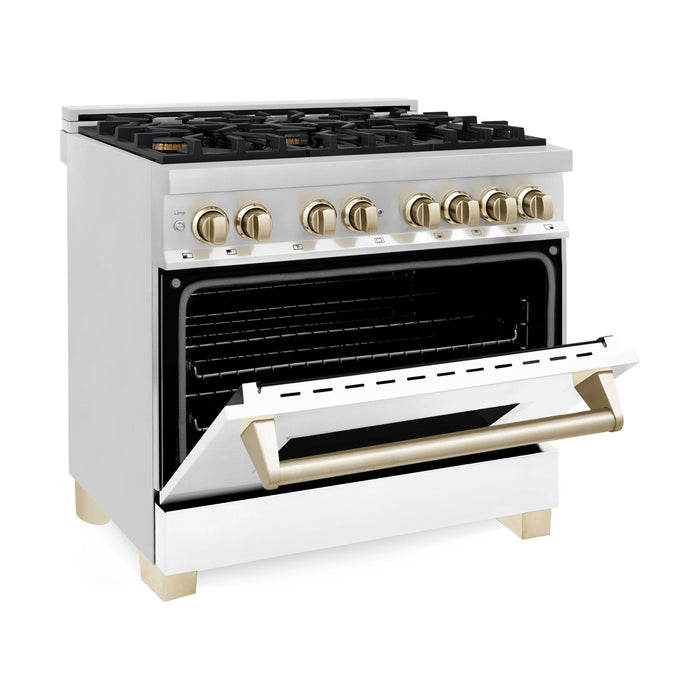 ZLINE Autograph Edition 36 in. 4.6 cu. ft. Dual Fuel Range with Gas Stove and Electric Oven with White Matte Door and Gold Accents RAZ-WM-36-G