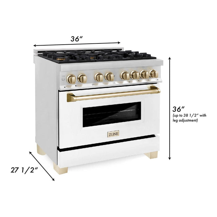 ZLINE Autograph Edition 36 in. 4.6 cu. ft. Dual Fuel Range with Gas Stove and Electric Oven with White Matte Door and Gold Accents RAZ-WM-36-G