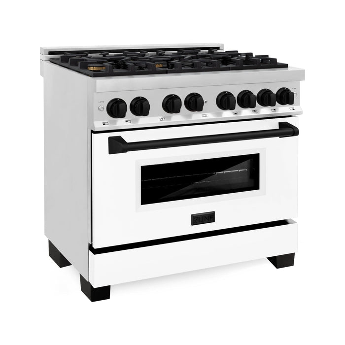 ZLINE Autograph Edition 36 in. 4.6 cu. ft. Dual Fuel Range with Gas Stove and Electric Oven with White Matte Door and Matte Black Accents RAZ-WM-36-MB