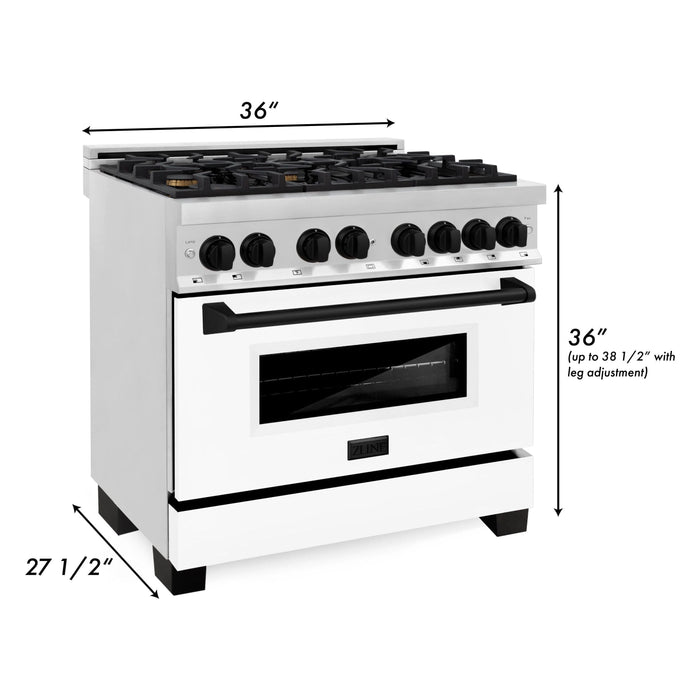 ZLINE Autograph Edition 36 in. 4.6 cu. ft. Dual Fuel Range with Gas Stove and Electric Oven with White Matte Door and Matte Black Accents RAZ-WM-36-MB