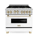 ZLINE Autograph Edition 36 in. 4.6 cu. ft. Range with Gas Burner and Gas Oven with White Matte Door and Gold Accents RGZ-WM-36-G