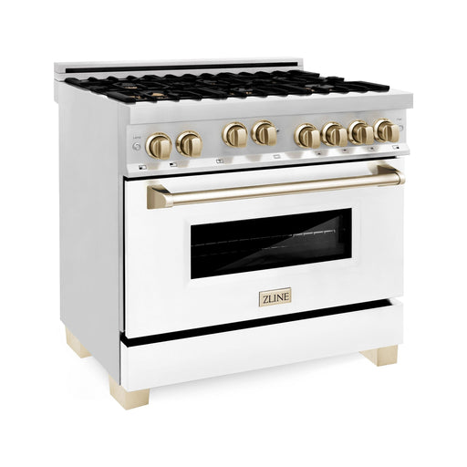 ZLINE Autograph Edition 36 in. 4.6 cu. ft. Range with Gas Burner and Gas Oven with White Matte Door and Gold Accents RGZ-WM-36-G