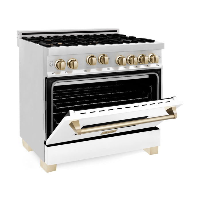 ZLINE Autograph Edition 36 in. 4.6 cu. ft. Range with Gas Burner and Gas Oven with White Matte Door and Gold Accents RGZ-WM-36-G