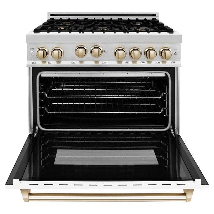 ZLINE Autograph Edition 36 in. 4.6 cu. ft. Range with Gas Burner and Gas Oven with White Matte Door and Gold Accents RGZ-WM-36-G