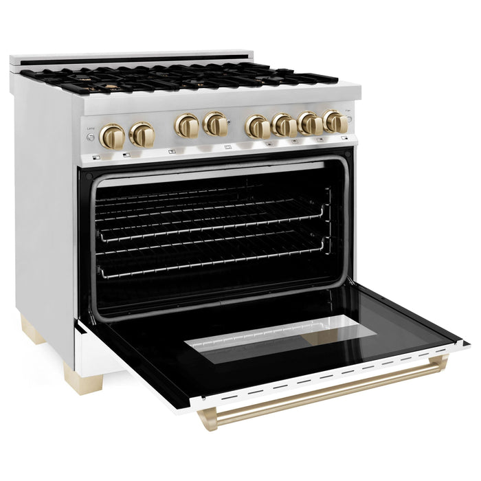 ZLINE Autograph Edition 36 in. 4.6 cu. ft. Range with Gas Burner and Gas Oven with White Matte Door and Gold Accents RGZ-WM-36-G