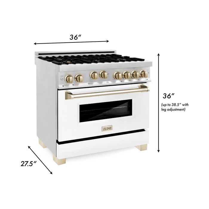 ZLINE Autograph Edition 36 in. 4.6 cu. ft. Range with Gas Burner and Gas Oven with White Matte Door and Gold Accents RGZ-WM-36-G