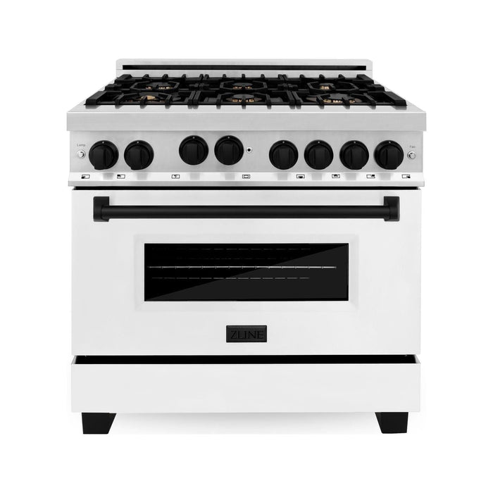 ZLINE Autograph Edition 36 in. 4.6 cu. ft. Range with Gas Burner and Gas Oven with White Matte Door and Matte Black Accents RGZ-WM-36-MB