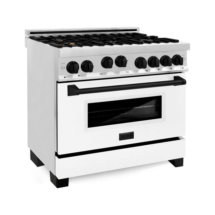 ZLINE Autograph Edition 36 in. 4.6 cu. ft. Range with Gas Burner and Gas Oven with White Matte Door and Matte Black Accents RGZ-WM-36-MB