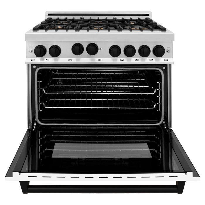 ZLINE Autograph Edition 36 in. 4.6 cu. ft. Range with Gas Burner and Gas Oven with White Matte Door and Matte Black Accents RGZ-WM-36-MB