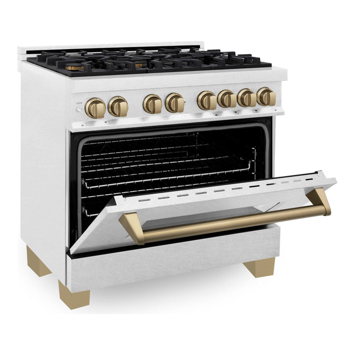 ZLINE Autograph Edition 36 in. 4.6 cu. ft. Range with Gas Stove and Electric Oven In DuraSnow with Champagne Bronze Accents RASZ-SN-36-CB