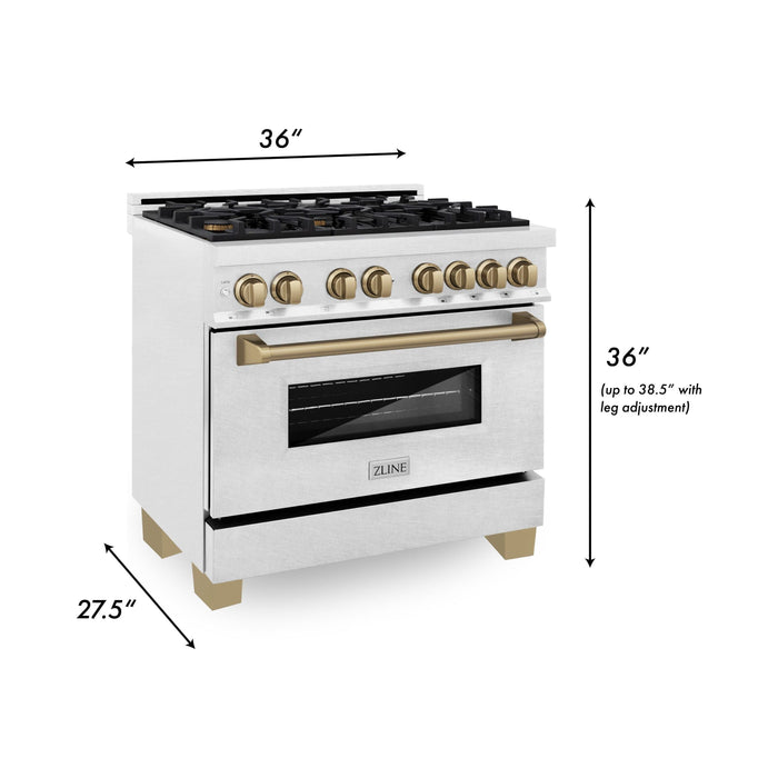 ZLINE Autograph Edition 36 in. 4.6 cu. ft. Range with Gas Stove and Electric Oven In DuraSnow with Champagne Bronze Accents RASZ-SN-36-CB