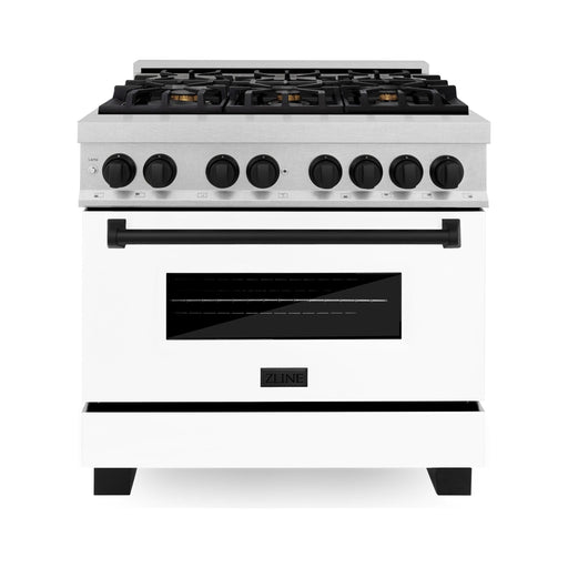 ZLINE Autograph Edition 36 in. 4.6 cu. ft. Range with Gas Stove and Electric Oven In DuraSnow with White Matte Door and Matte Black Accents RASZ-WM-36-MB