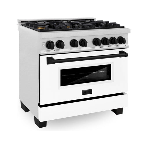 ZLINE Autograph Edition 36 in. 4.6 cu. ft. Range with Gas Stove and Electric Oven In DuraSnow with White Matte Door and Matte Black Accents RASZ-WM-36-MB