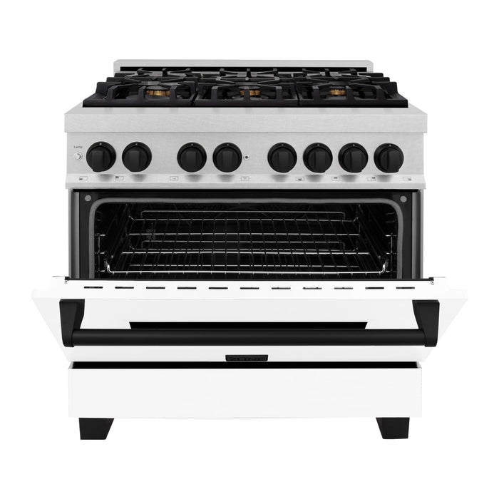 ZLINE Autograph Edition 36 in. 4.6 cu. ft. Range with Gas Stove and Electric Oven In DuraSnow with White Matte Door and Matte Black Accents RASZ-WM-36-MB