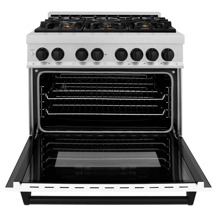 ZLINE Autograph Edition 36 in. 4.6 cu. ft. Range with Gas Stove and Electric Oven In DuraSnow with White Matte Door and Matte Black Accents RASZ-WM-36-MB