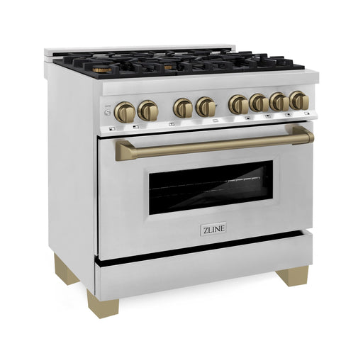 ZLINE Autograph Edition 36 In. 4.6 cu. ft. Range with Gas Stove and Electric Oven In Stainless Steel with Champagne Bronze Accent RAZ-36-CB