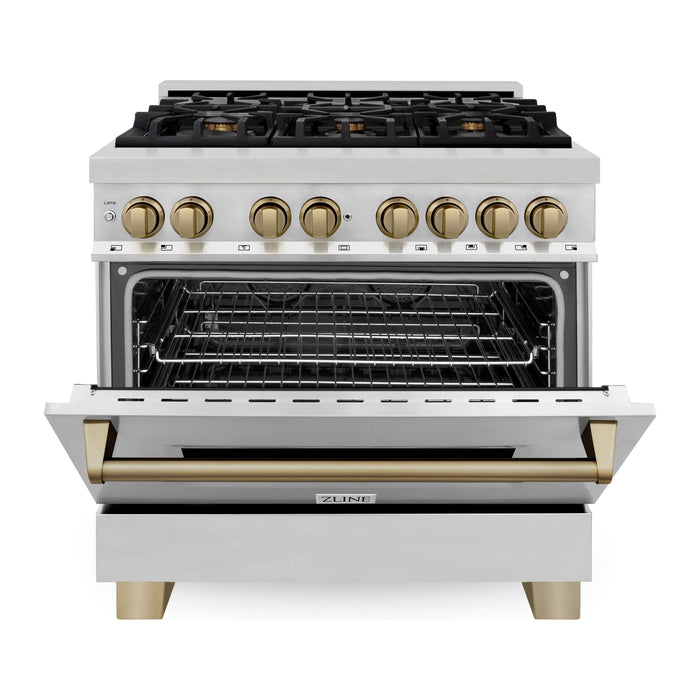 ZLINE Autograph Edition 36 In. 4.6 cu. ft. Range with Gas Stove and Electric Oven In Stainless Steel with Champagne Bronze Accent RAZ-36-CB