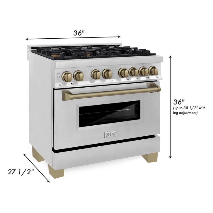 ZLINE Autograph Edition 36 In. 4.6 cu. ft. Range with Gas Stove and Electric Oven In Stainless Steel with Champagne Bronze Accent RAZ-36-CB