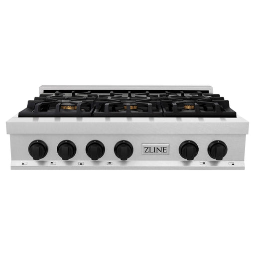 ZLINE Autograph Edition 36 In. Porcelain Rangetop with 6 Gas Burners In DuraSnow Stainless Steel and Matte Black Accents RTSZ-36-MB