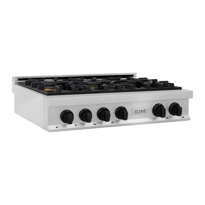 ZLINE Autograph Edition 36 In. Porcelain Rangetop with 6 Gas Burners In DuraSnow Stainless Steel and Matte Black Accents RTSZ-36-MB