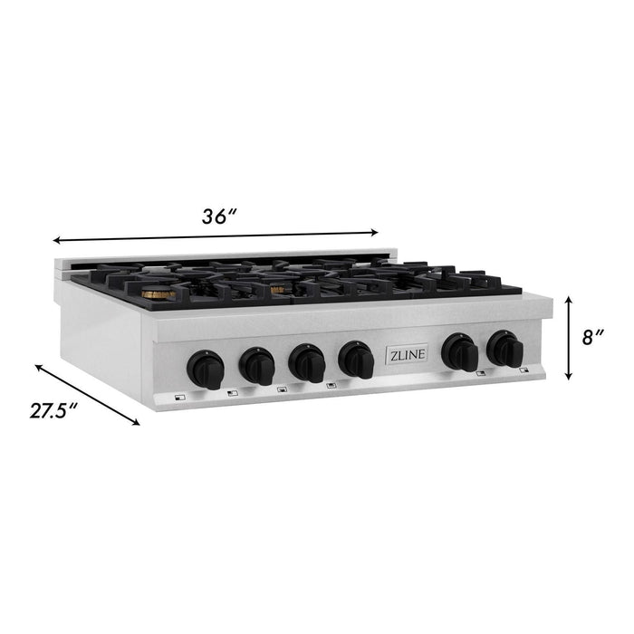 ZLINE Autograph Edition 36 In. Porcelain Rangetop with 6 Gas Burners In DuraSnow Stainless Steel and Matte Black Accents RTSZ-36-MB