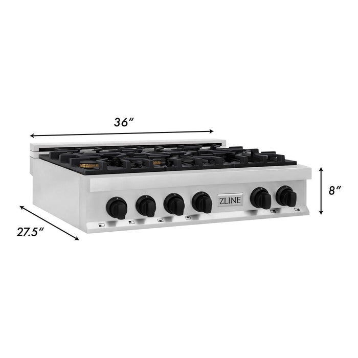 ZLINE Autograph Edition 36 in. Porcelain Rangetop with 6 Gas Burners In Stainless Steel and Matte Black Accents RTZ-36-MB