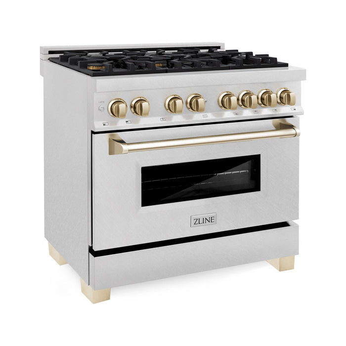 ZLINE Autograph Edition 36 In. Range, Gas Stove and Electric Oven In DuraSnow Stainless Steel with Gold Accent RASZ-SN-36-G