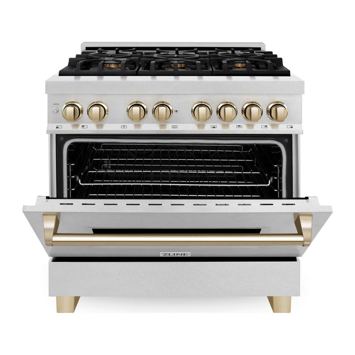 ZLINE Autograph Edition 36 In. Range, Gas Stove and Electric Oven In DuraSnow Stainless Steel with Gold Accent RASZ-SN-36-G