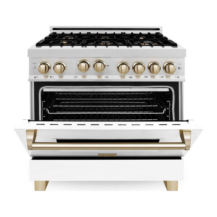 ZLINE Autograph Edition 36 in. Range with Gas Burner and Gas Oven Range In DuraSnow with White Matte Door and Gold Accents RGSZ-WM-36-G