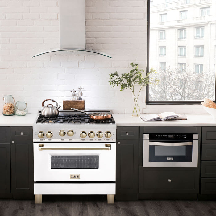 ZLINE Autograph Edition 36 in. Range with Gas Burner and Gas Oven Range In DuraSnow with White Matte Door and Gold Accents RGSZ-WM-36-G