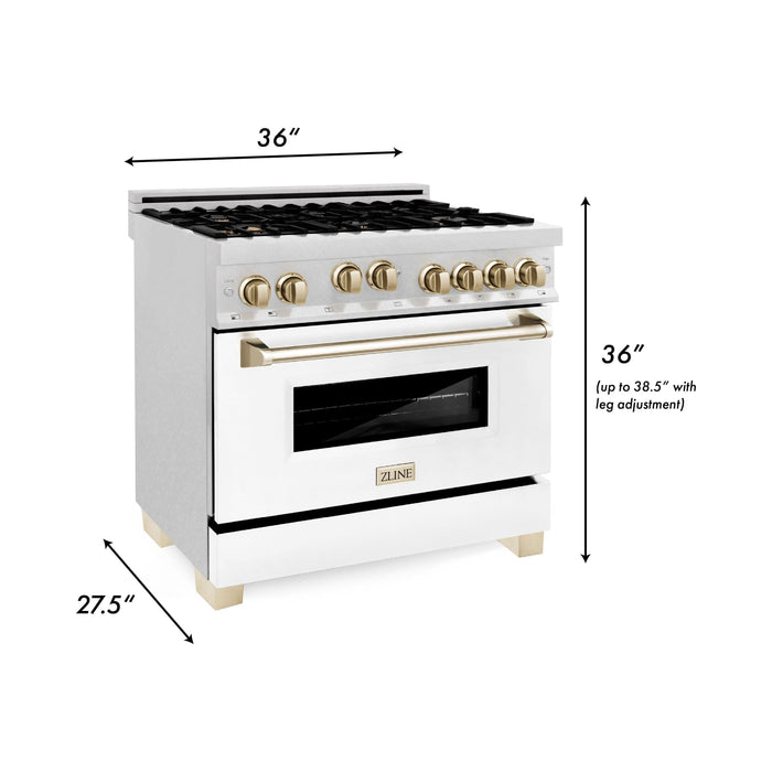 ZLINE Autograph Edition 36 in. Range with Gas Burner and Gas Oven Range In DuraSnow with White Matte Door and Gold Accents RGSZ-WM-36-G