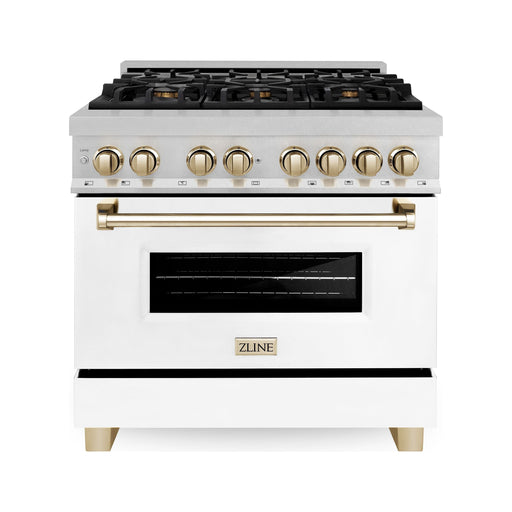 ZLINE Autograph Edition 36 In. Range with Gas Stove and Electric Oven In DuraSnow Stainless Steel with White Matte Door and Gold Accent RASZ-WM-36-G